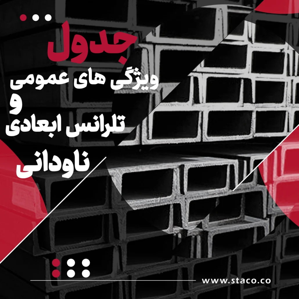 جدول ویژگی‌های عمومی و تلرانس ابعادی ناودانی شامل مشخصاتی مانند ابعاد، ضخامت، وزن