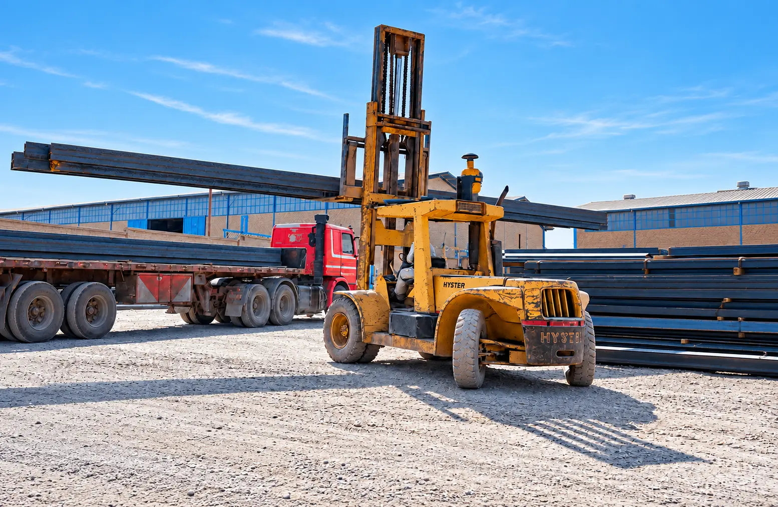 Steel depot with forklift and red truck