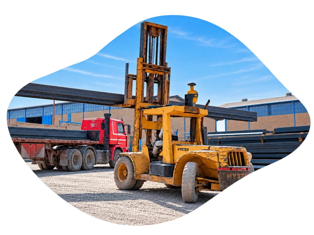 Yellow forklift at the steel warehouse